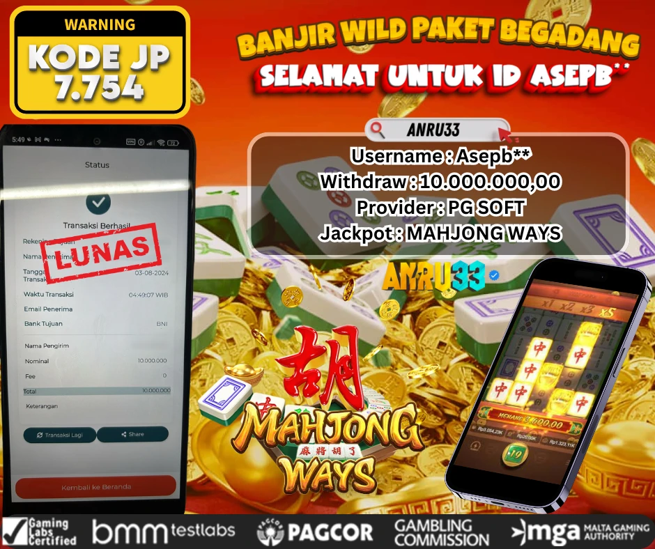 ANRU33 JACKPOT SLOT MAHJONG WAYS Rp 10.000.000,00- DIBAYAR LUNAS